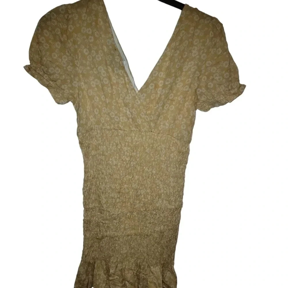 Women’s Beige/Yellow Floral V-Neck Ruched Dress
